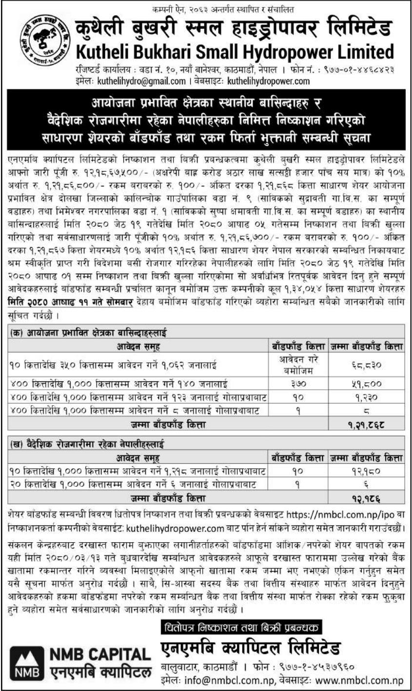 Image of Distribution of IPO (Local & Foreign Employment Citizen of Nepal) : Kutheli Bukhari Small Hydropower Limited (KBSHL)