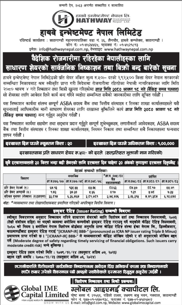 Image of IPO Closing  (Foreign Employment Citizens): Hathway Investment Nepal Limited