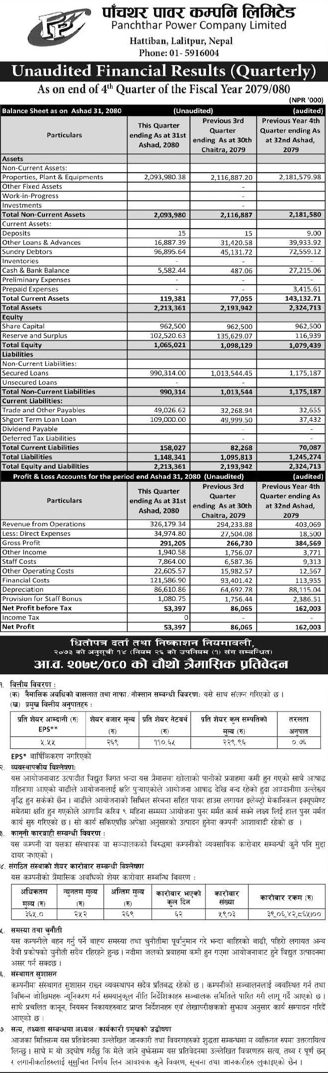 Image of FY 2079-80 : Q4 Report : Pachthar Power Company Limited