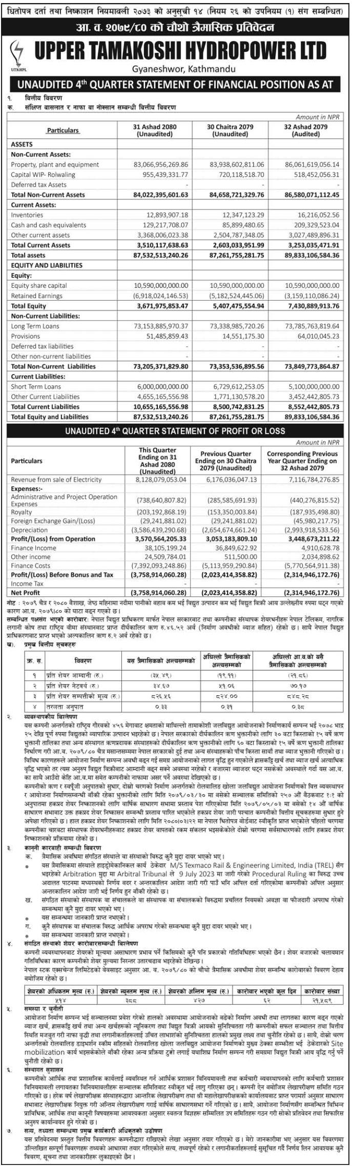 Image of FY 2079-80 : Q4 Report : Upper Tamakoshi Hydropower Ltd. (UPPER)