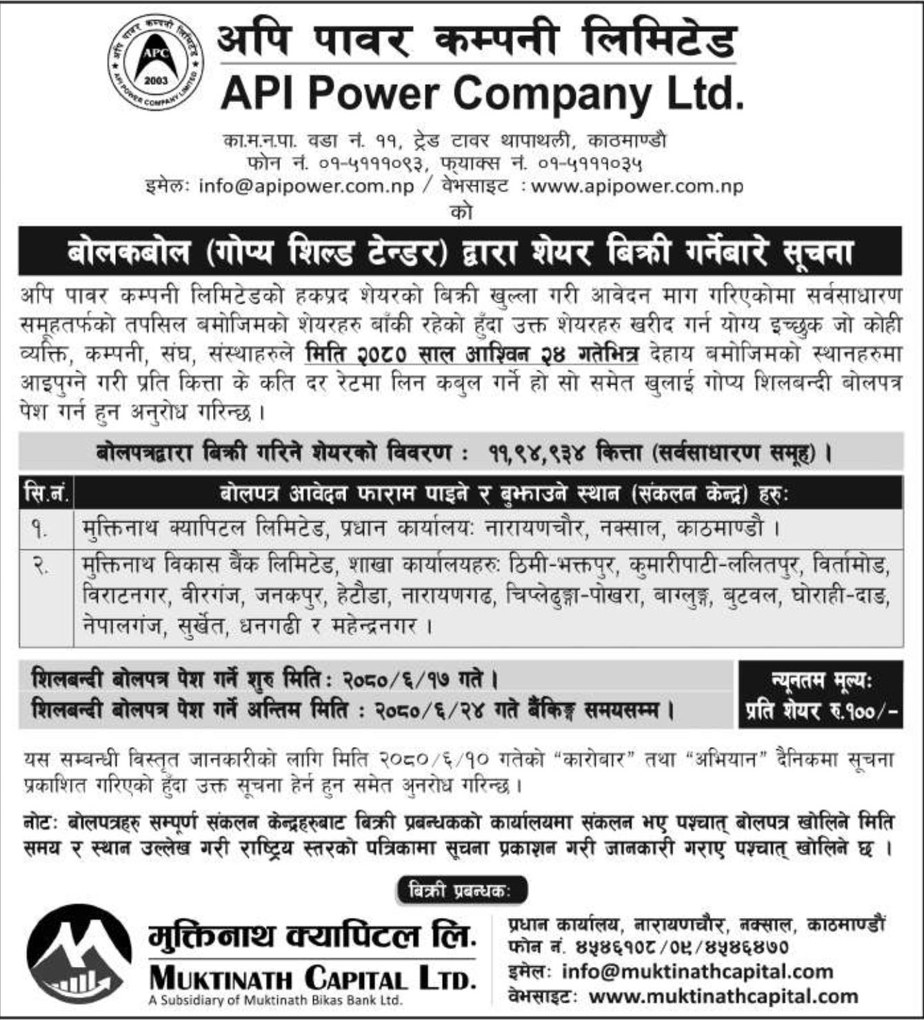 Image of Notice about Sale of Ordinary Right Share through Auction: Api Power Company Pvt. Ltd