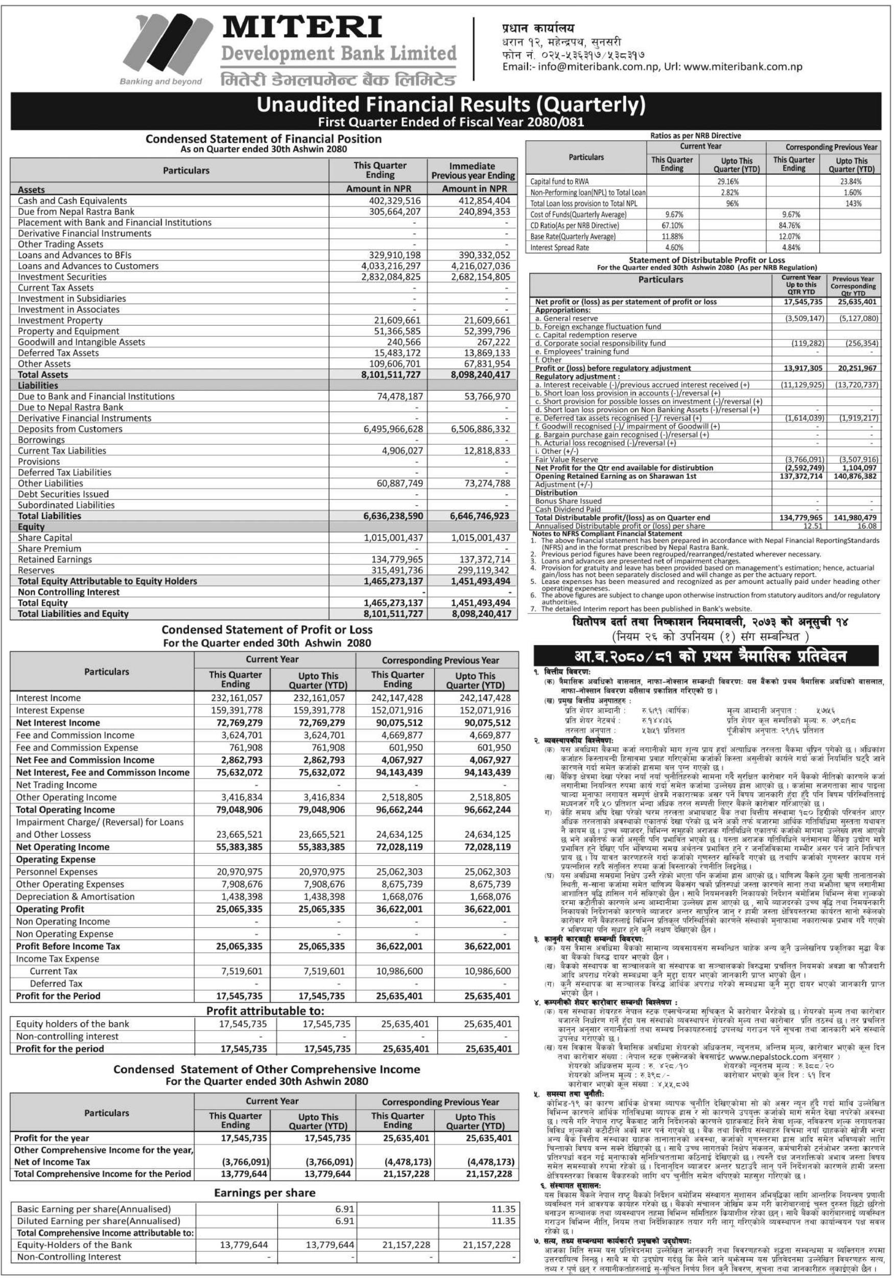 Image of FY 2080-81: Q1 Report: Miteri Development Bank Ltd (MDB)