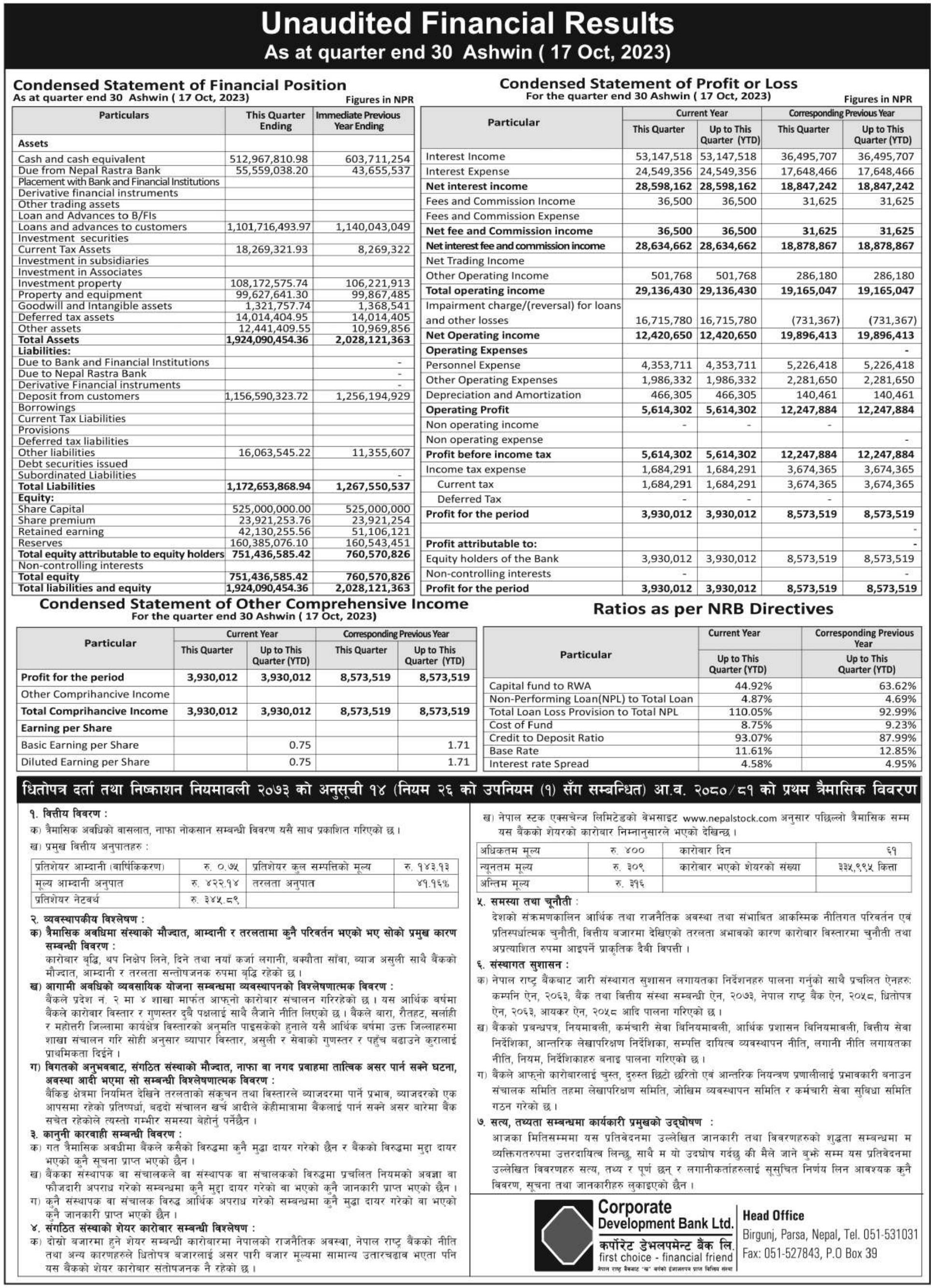 Image of FY 2080-81: Q1 Report: Corporate Development Bank Ltd (CORBL)