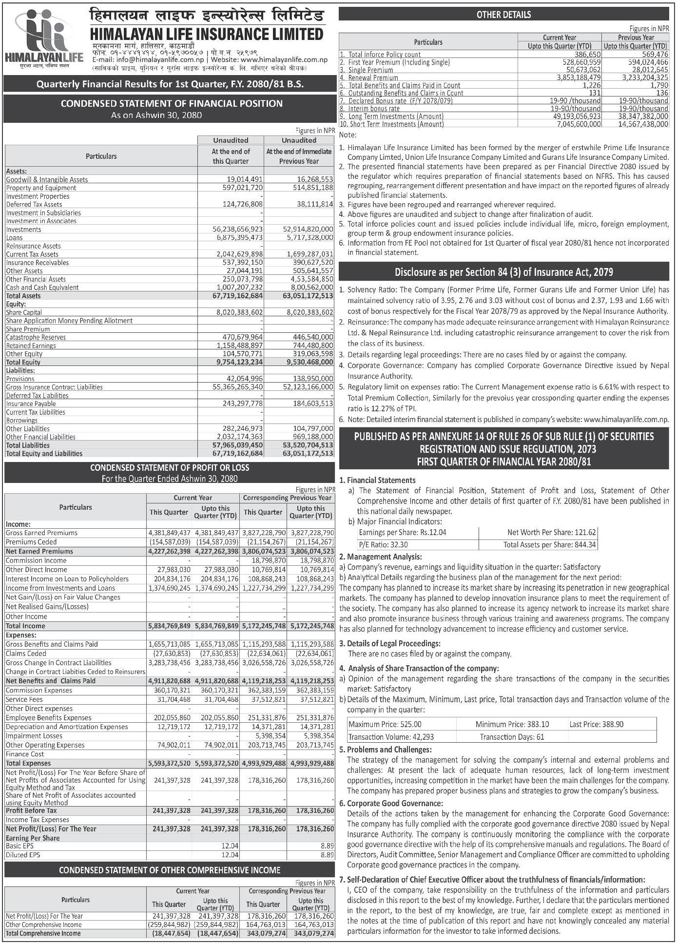 Image of FY 2080-81: Q1 Report: Himalayan Life Insurance Limited (HLIL)