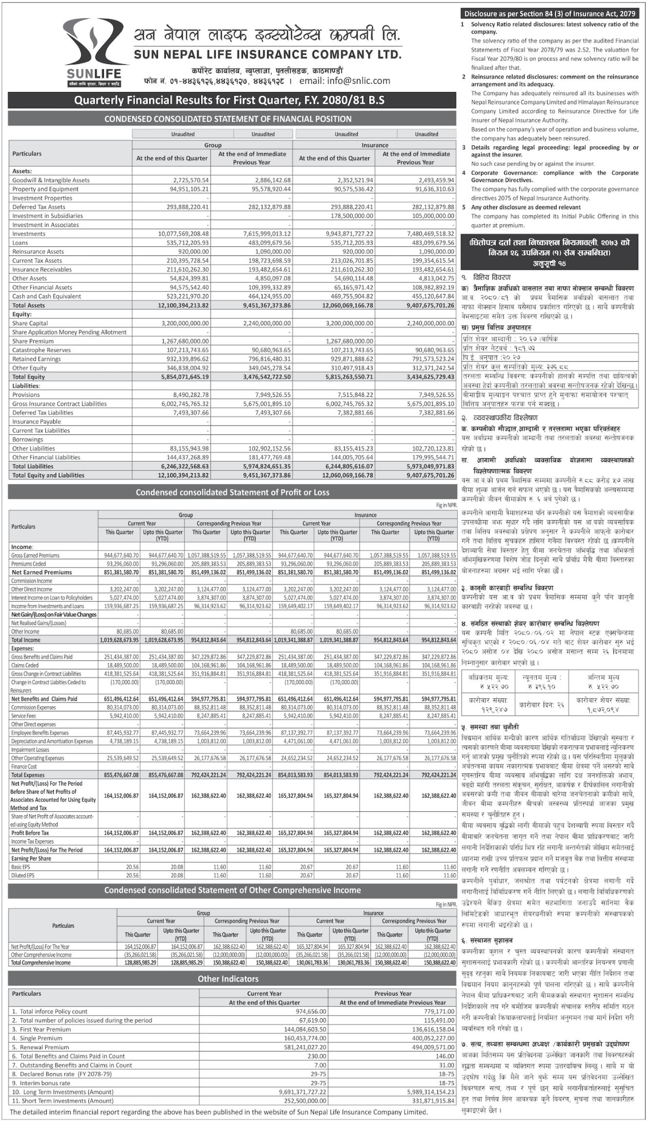 Image of FY 2080-81: Q1 Report: Sun Nepal Life insurance company limited (SunLife)