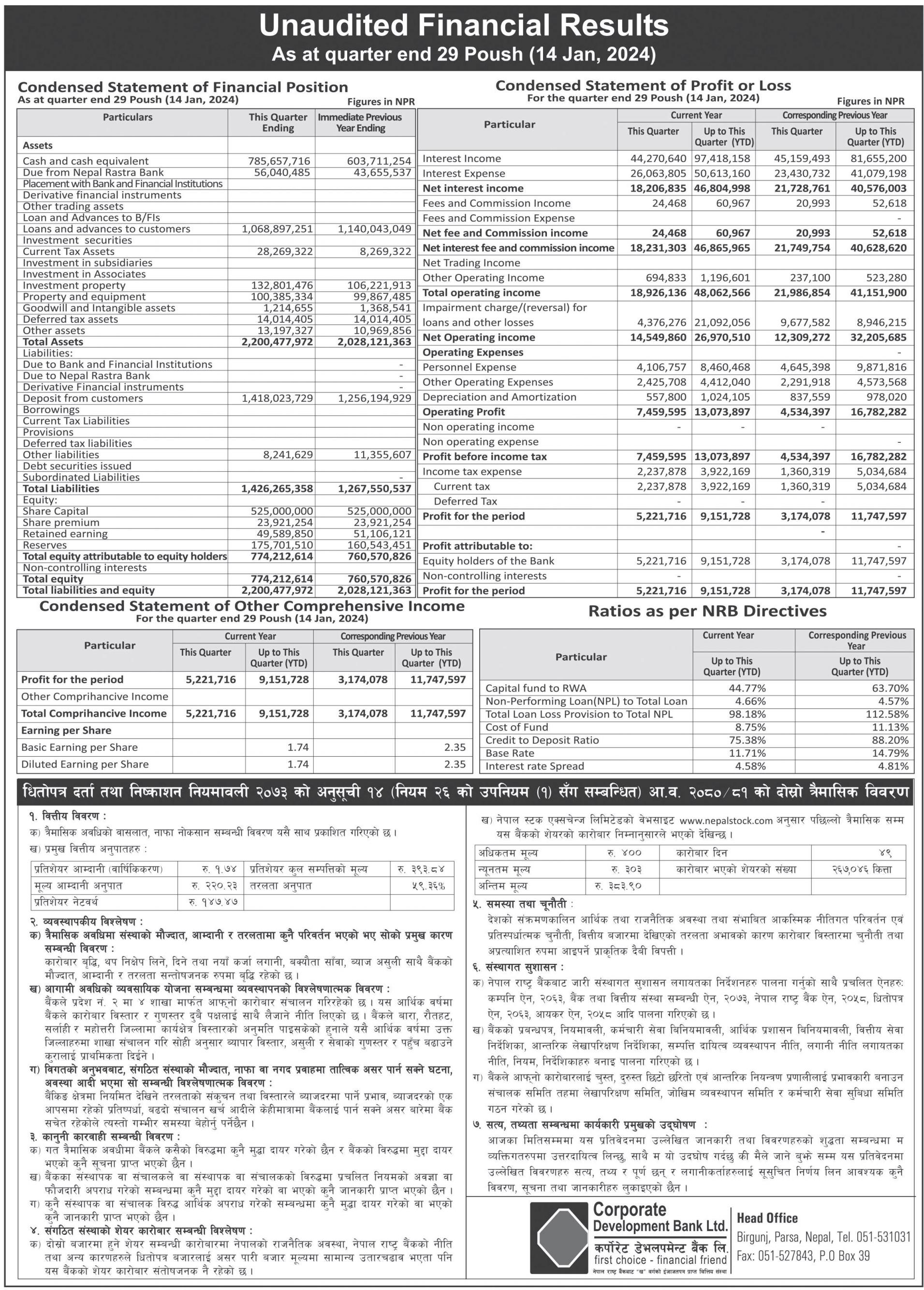 Image of FY 2080-81: Q2 Report: Corporate Development Bank Ltd. (CORBL)