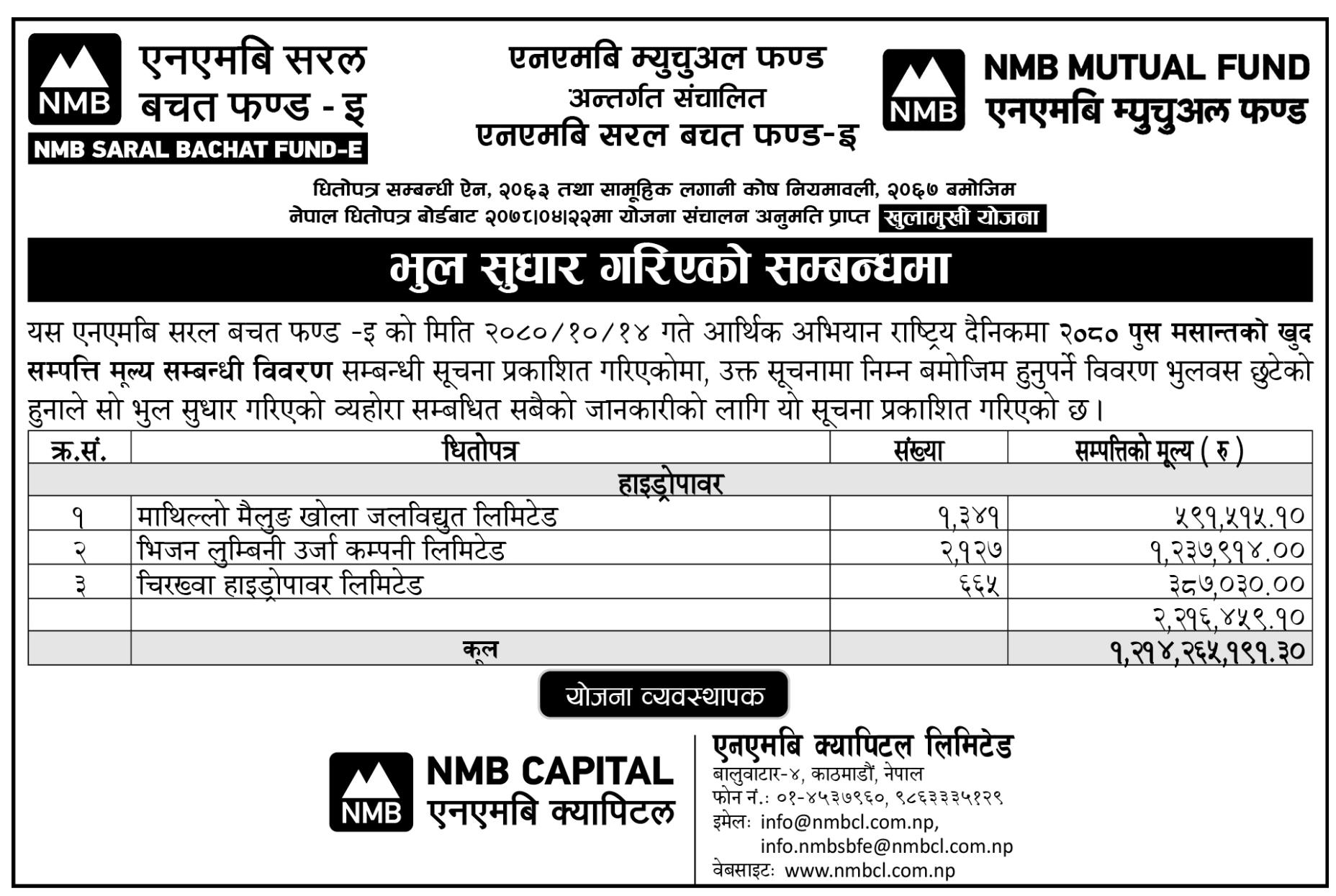 Image of Notice About Correction : NMB Saral Bachat Fund - E