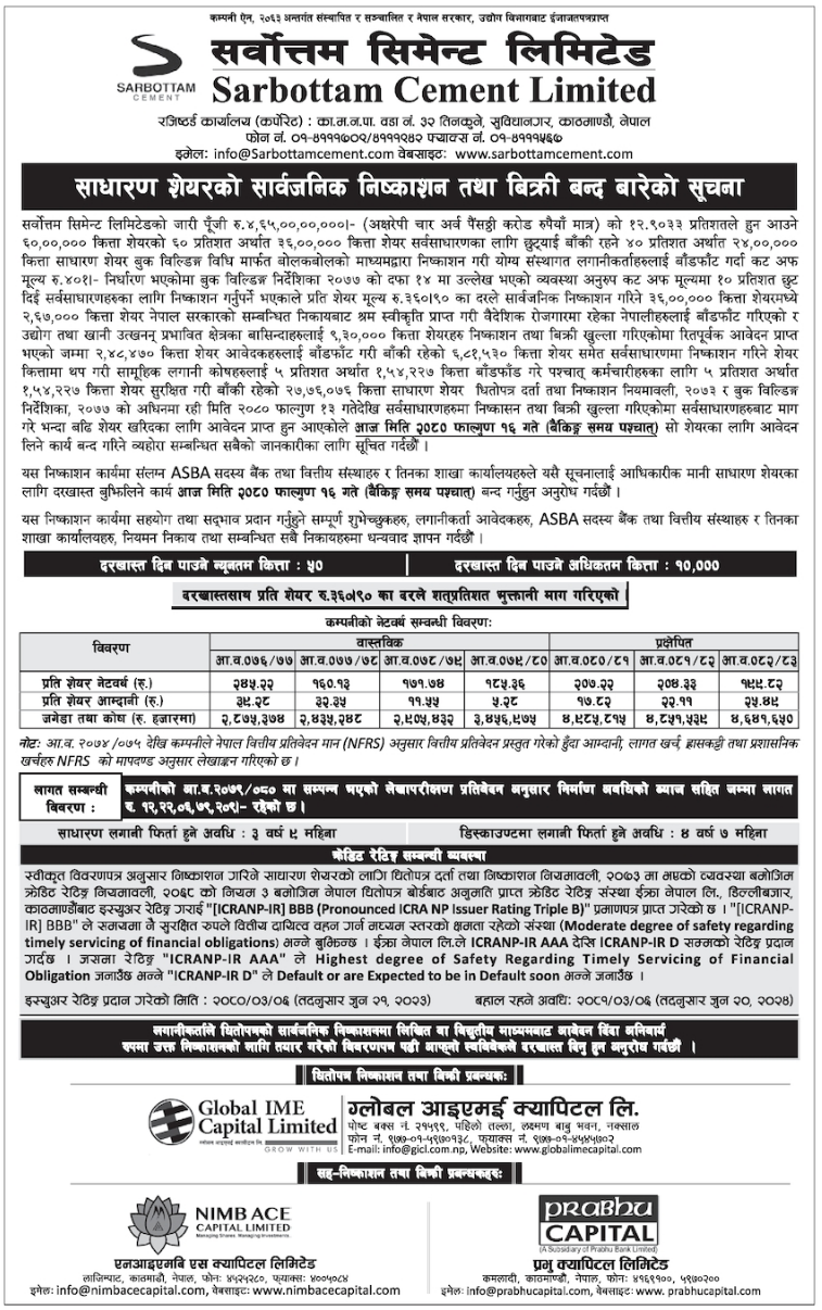 Image of IPO Closing (General Public): Sarbottam Cement Ltd. (SARBOTTAM)