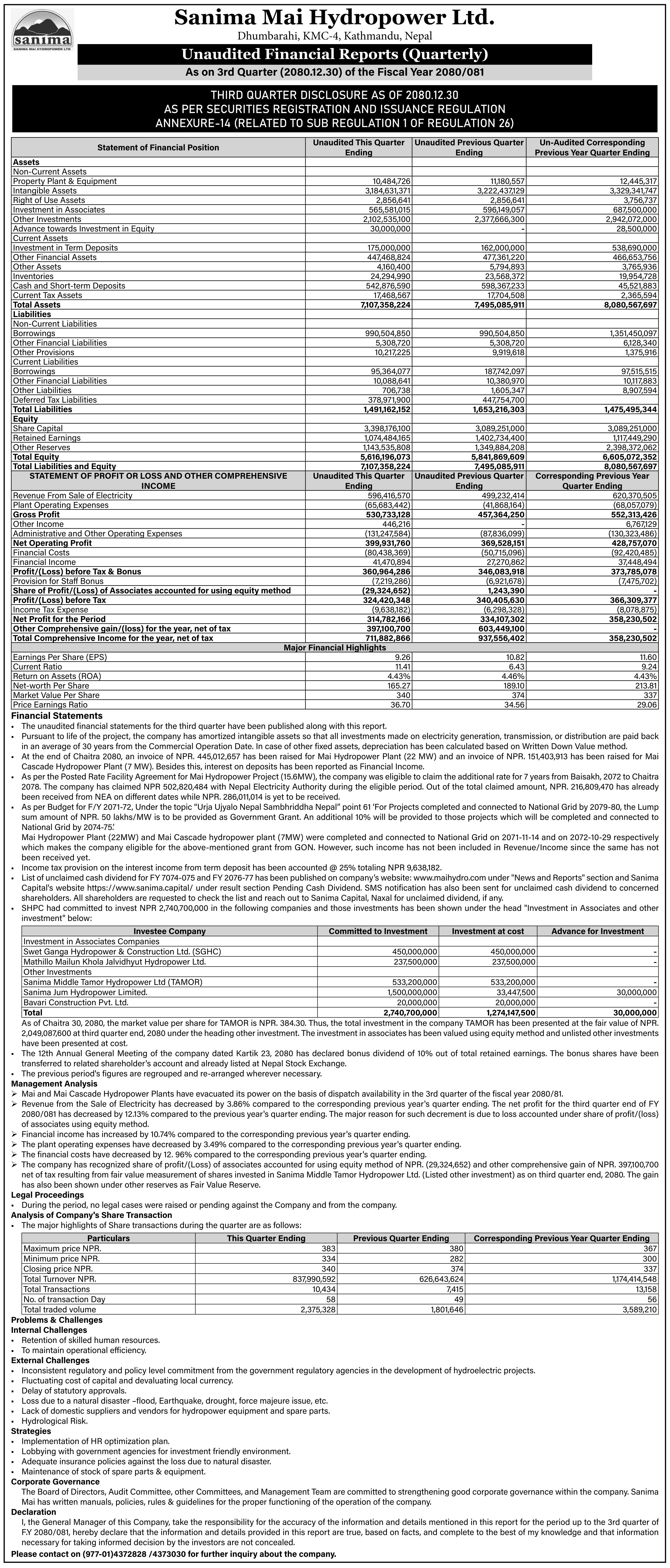 Image of FY 2080-81 : Q3 Report : Sanima Mai Hydropower Ltd. (SHPC)