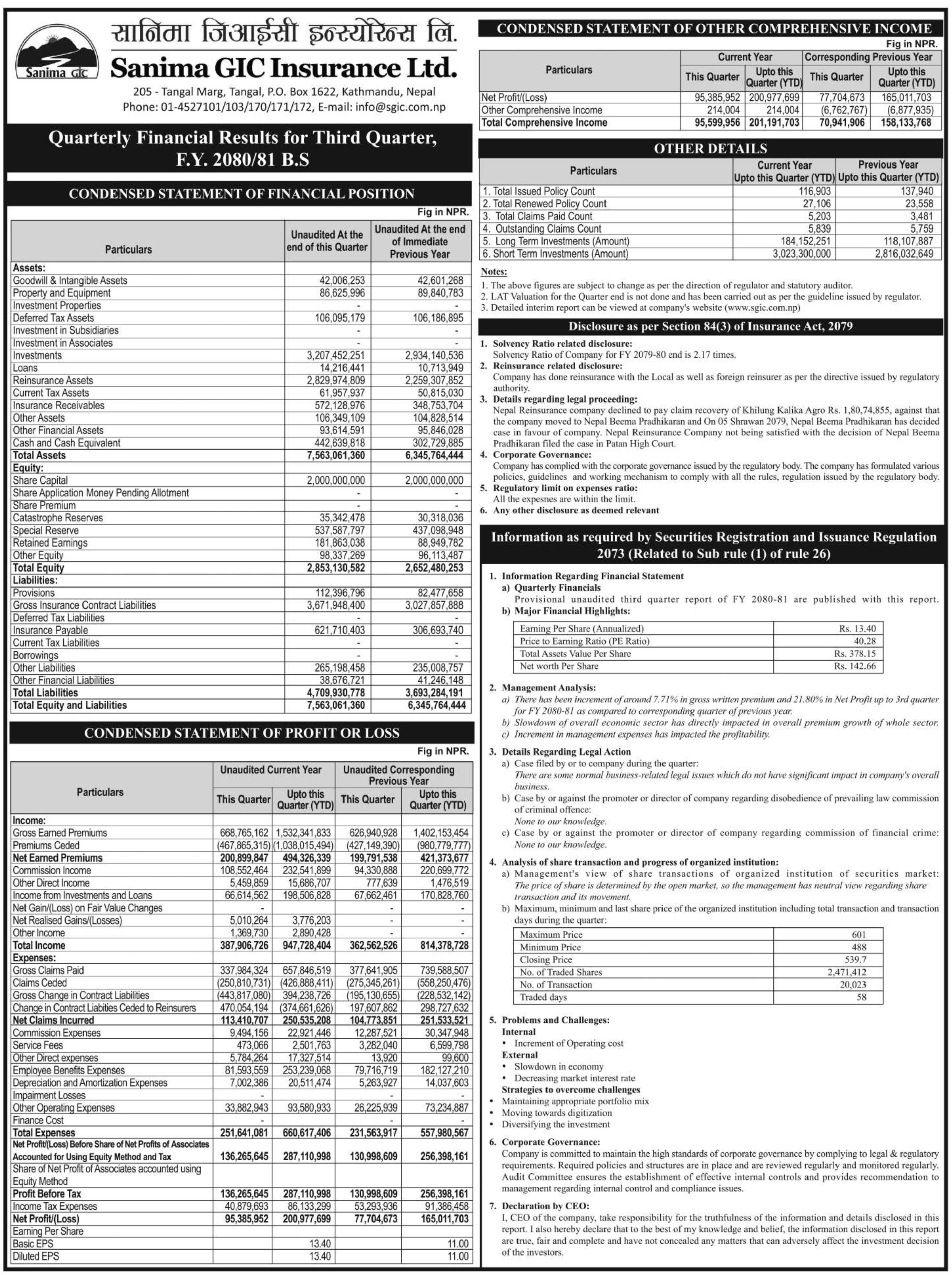 Image of FY 2080-81 : Q3 Report : Sanima GIC Insurance Limited (SGIC)
