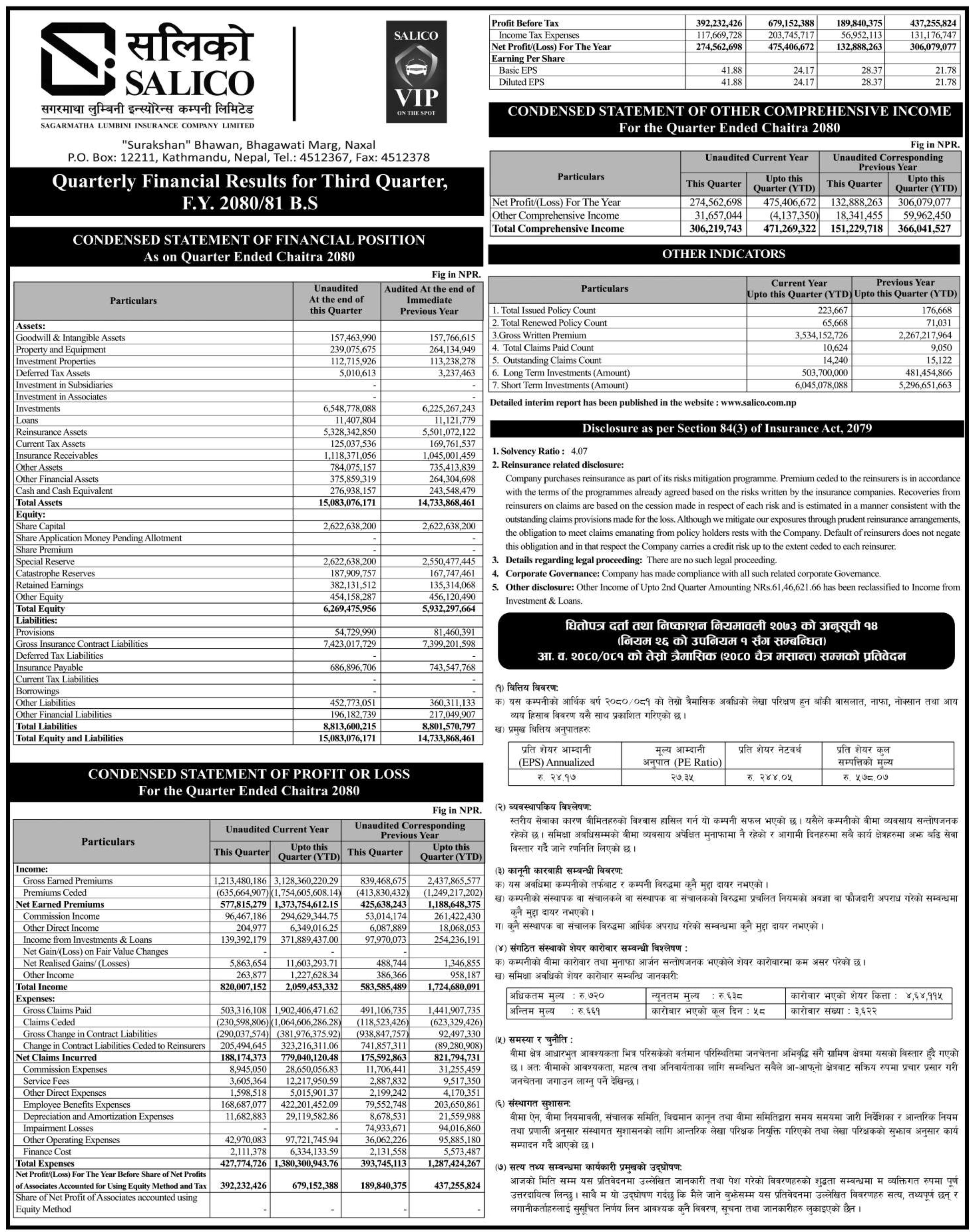 Image of FY 2080-81 : Q3 Report: Sagarmatha Lumbini Insurance Company Limited (SALICO)