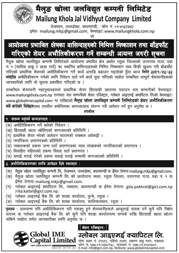 Image of Notice about dematerialization of its distributed IPO (For Locals) : MAILUNG KHOLA JAL VIDHYUT COMPANY LIMITED (MKJC)