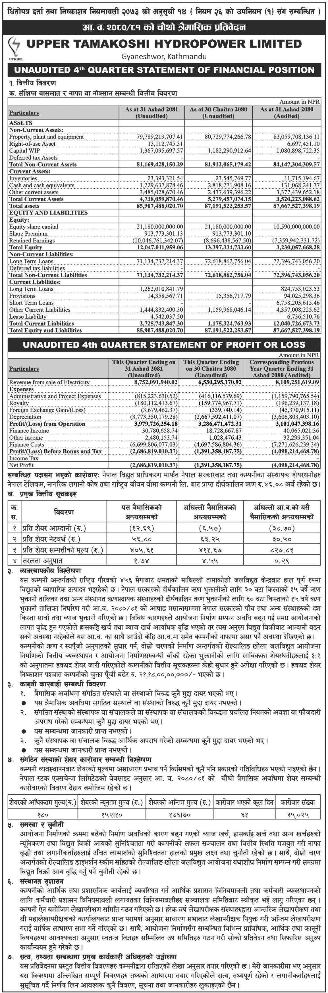 Image of FY 2080-81 : Q4 Report : Upper Tamakoshi Hydropower Ltd. (UPPER)