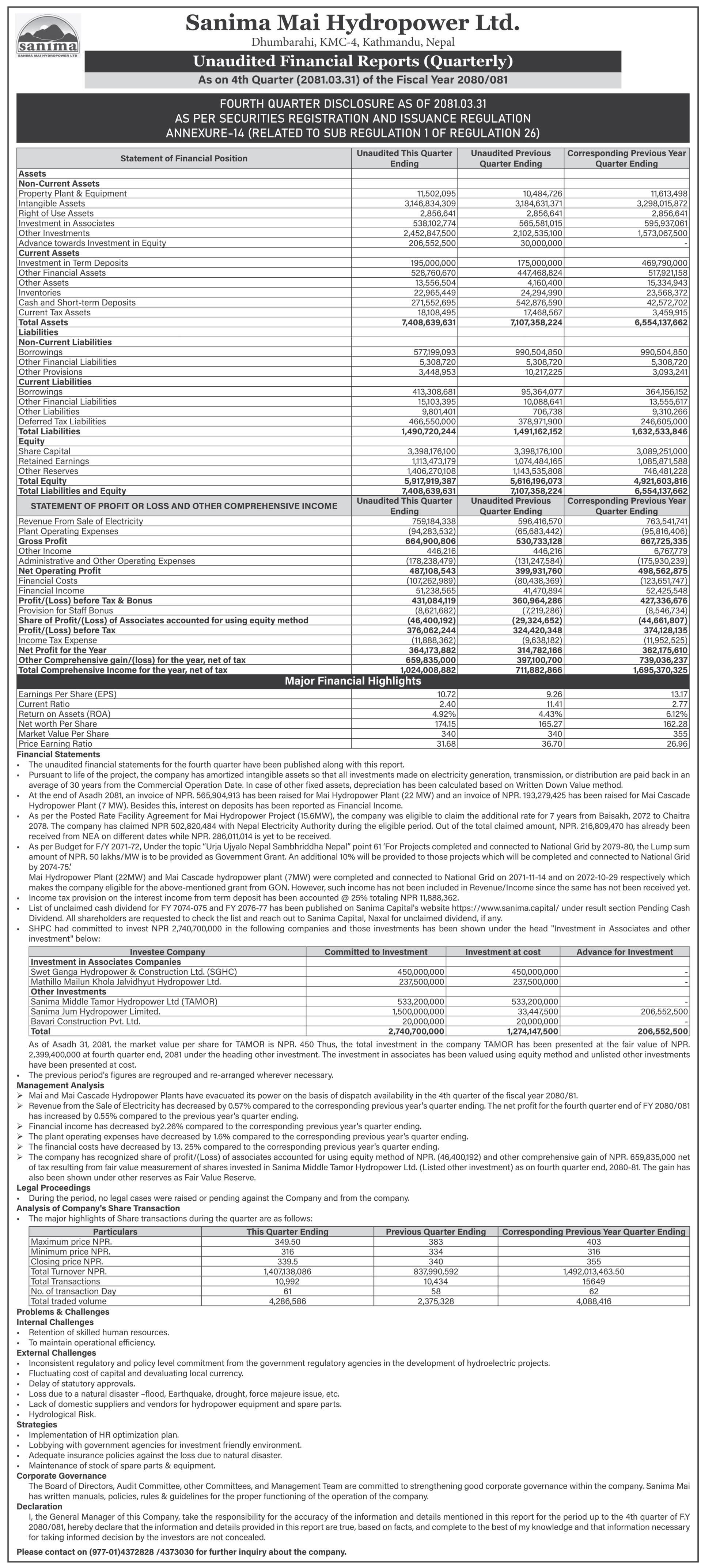 Image of FY 2080-81 : Q4 Report : Sanima Mai Hydropower Ltd. (SHPC)