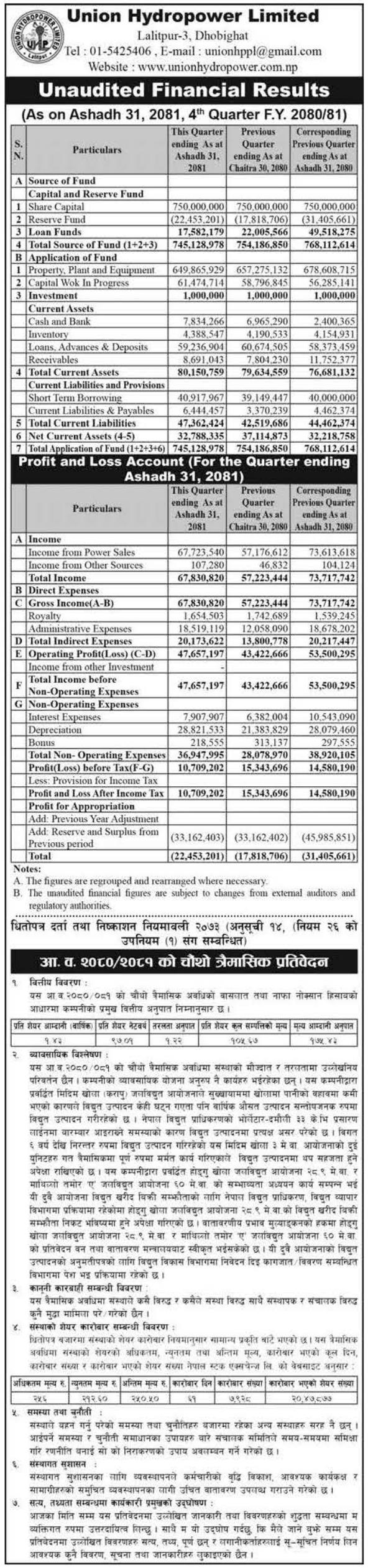 Image of FY 2080-81: Q4 Report: Union Hydropower Ltd. (UNHPL)