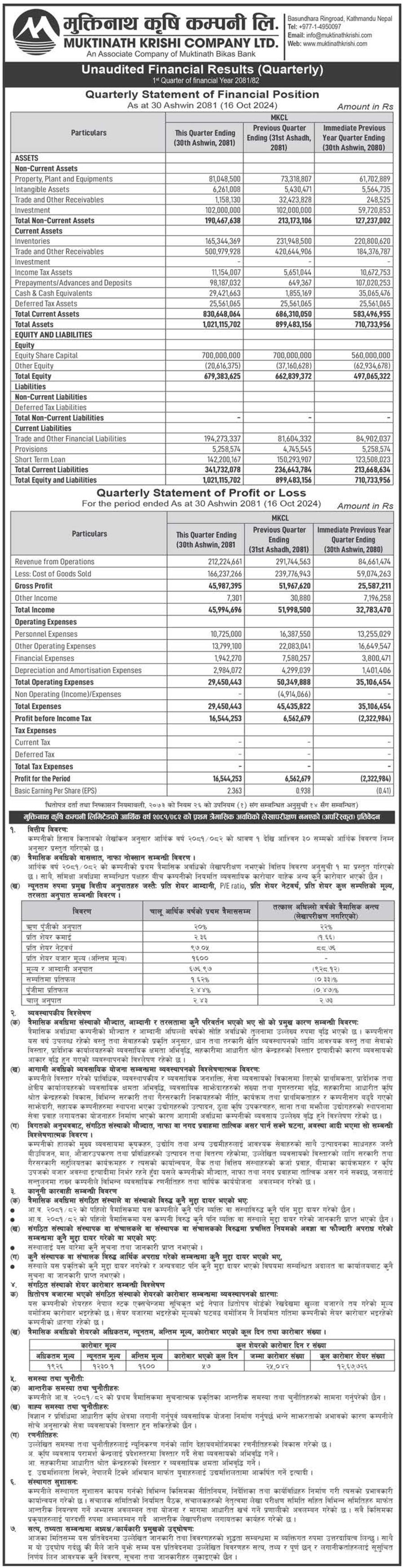 Image of FY 2081-82: Q1 Report: Muktinath Krishi Company Limited (MKCL)