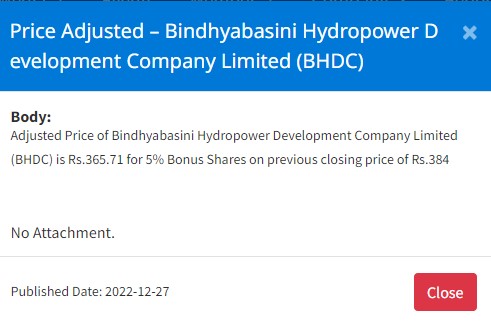 Image of Price Adjusted – Bindhyabasini Hydropower Development Company Limited (BHDC) for 5% Bonus Shares