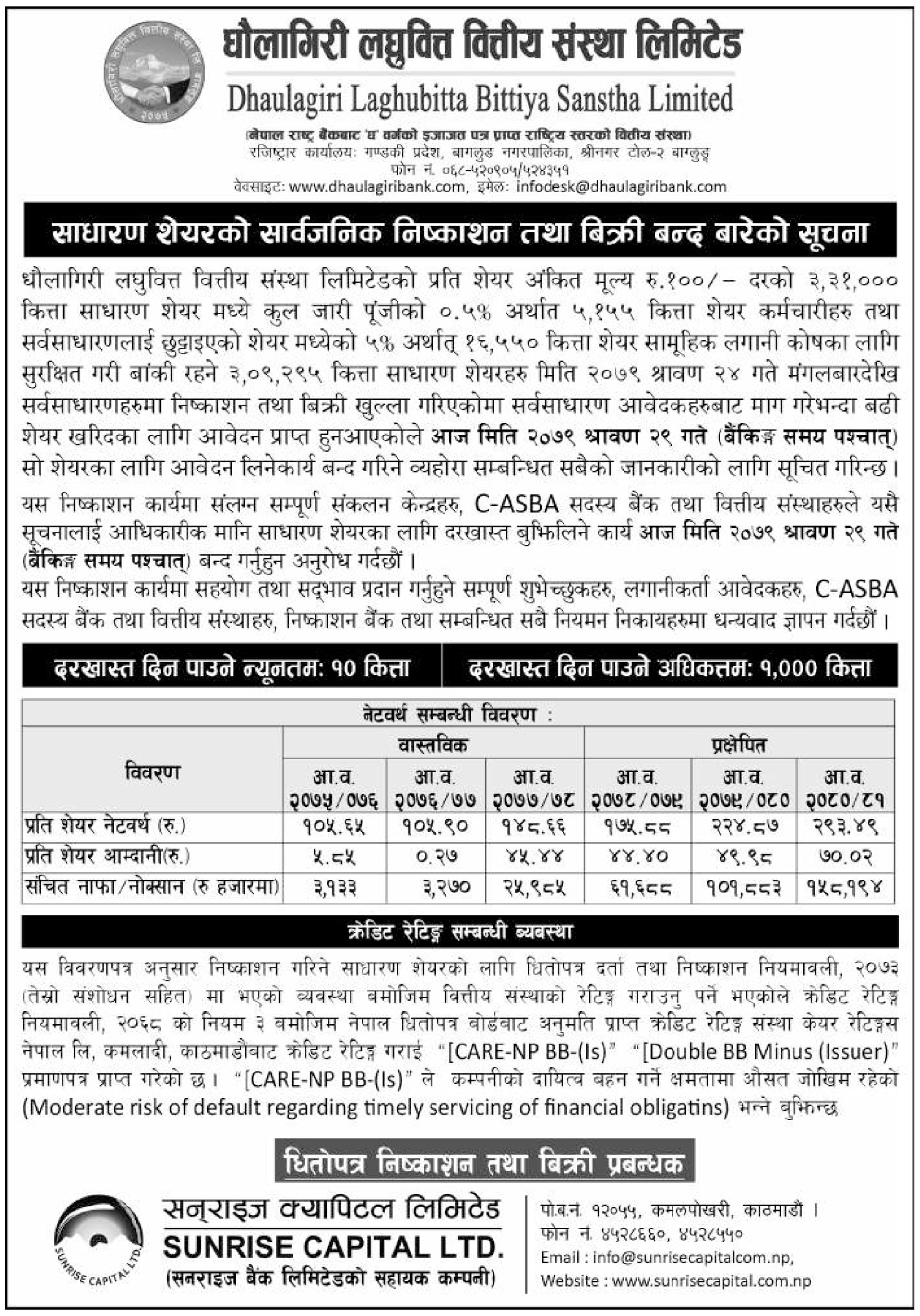 Image of Ordinary IPO : Dhaulagiri Laghubitta closing from today, Shrawan 29, 2079