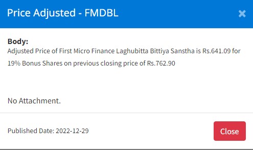 Image of Price Adjusted - First Micro Finance Laghubitta Bittiya Sanstha  (FMDBL) 19% Bonus Shares