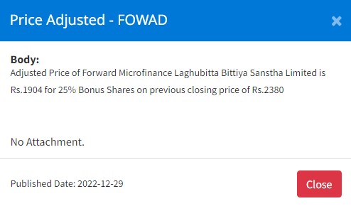 Image of Price Adjusted - Forward Microfinance Laghubitta Bittiya Sanstha Limited (FOWAD) for 25% Bonus Shares