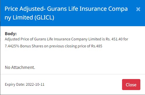 Image of Price Adjusted of Gurans Life Insurance Company Limited for 7.4425% Bonus Shares.