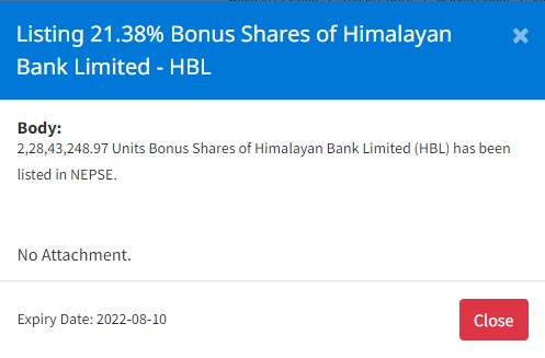 Image of Listing 21.38% Bonus Shares of Himalayan Bank Limited - HBL