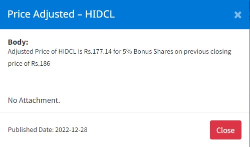 Image of Adjusted Price of HIDCL is Rs.177.14 for 5% Bonus Shares