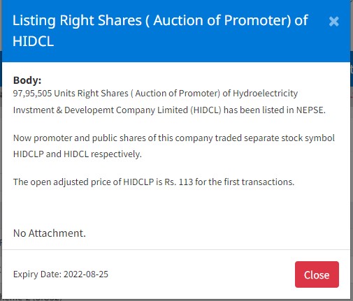 Image of Listing Right Shares ( Auction of Promoter) of HIDCL