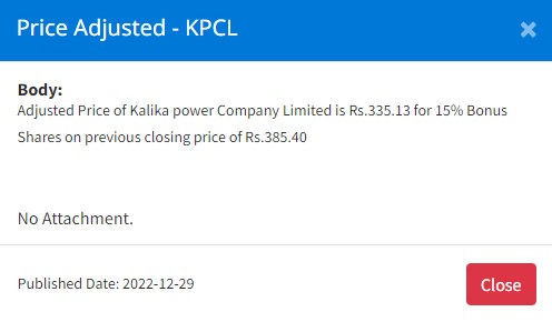 Image of Price Adjusted - Kalika power Company Limited (KPCL) for 15% Bonus Shares