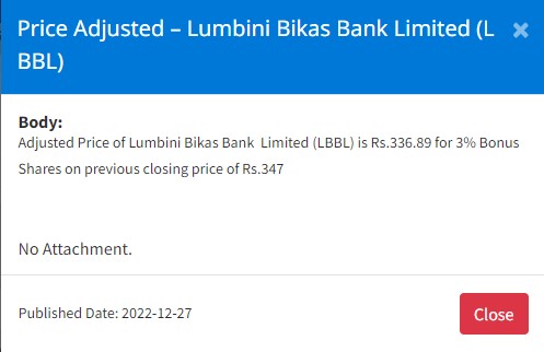 Image of Price Adjusted – Lumbini Bikas Bank Limited (LBBL) for 3% Bonus Shares