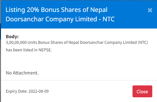 Image of Listing 20% Bonus Shares of Nepal Doorsanchar Company Limited - NTC