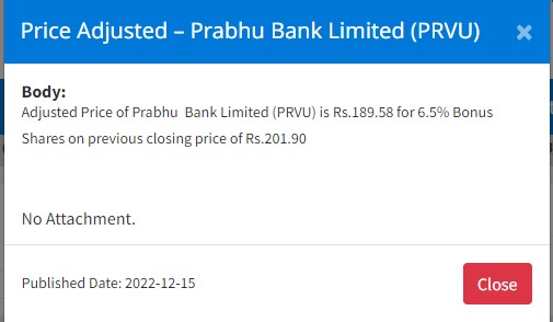 Image of Price Adjusted – Prabhu Bank Limited (PRVU) for 6.5% Bonus Shares