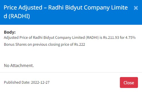 Image of Price Adjusted – Radhi Bidyut Company Limited (RADHI) for 4.75% Bonus Shares