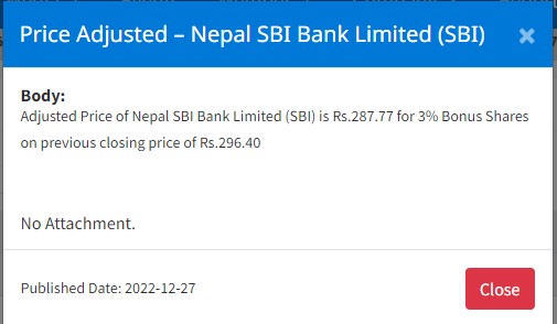 Image of Price Adjusted – Nepal SBI Bank Limited (SBI) for 3% Bonus Shares