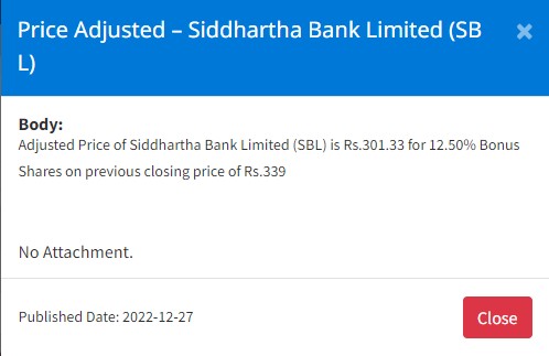 Image of Price Adjusted – Siddhartha Bank Limited (SBL) for 12.50% Bonus Shares