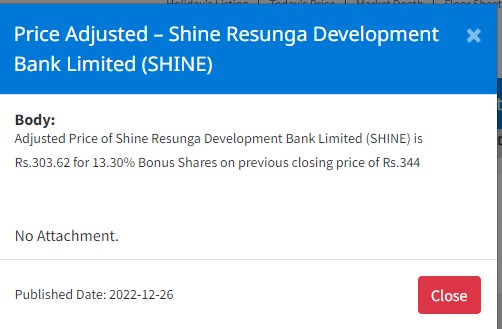 Image of Price Adjusted – Shine Resunga Development Bank Limited (SHINE) for 13.30% Bonus Shares