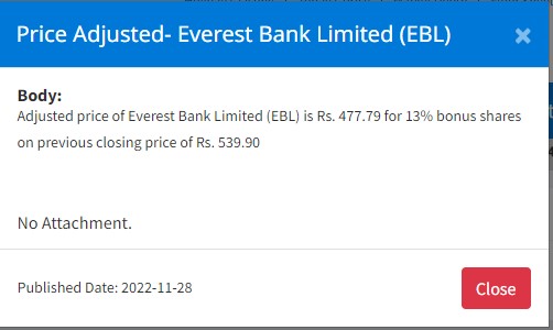 Image of Adjusted price of Everest Bank Limited (EBL) is Rs. 477.79 for 13% bonus shares