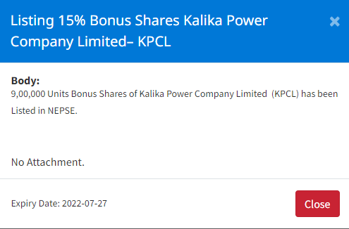 Image of Listing 15% Bonus Shares Kalika Power Company Limited– KPCL