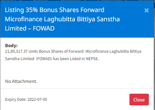 Image of Listing 35% Bonus Shares Forward Microfinance Laghubitta Bittiya Sanstha Limited – FOWAD